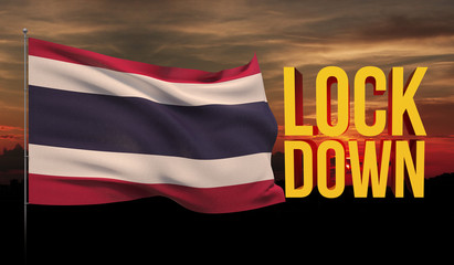 Coronavirus COVID-19 lockdown concept with waving national flag of Thailand. Pandemic 3D illustration.