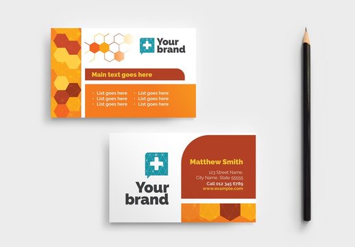 Business Card Layout with Orange Geometric Pattern