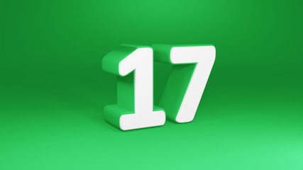 Number 17 in white on green background, isolated number 3d render