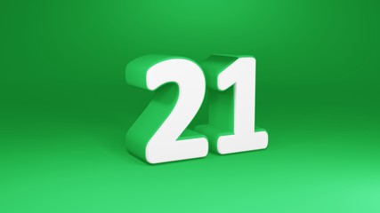 Number 21 in white on green background, isolated number 3d render