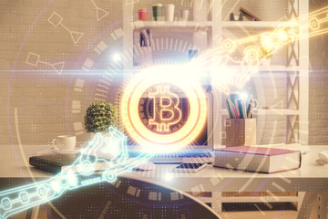 Double exposure of crypto technology theme drawing and office interior background. Concept of blockchain.