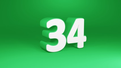 Number 34 in white on green background, isolated number 3d render
