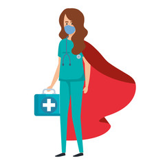 super female paramedic with hero cloak and first aid kit vector illustration design