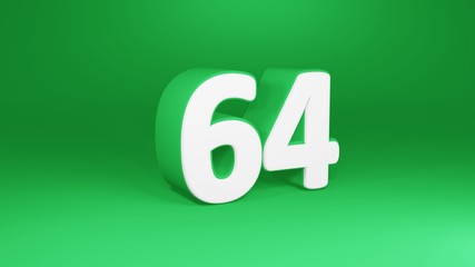 Number 64 in white on green background, isolated number 3d render