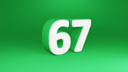 Number 67 in white on green background, isolated number 3d render