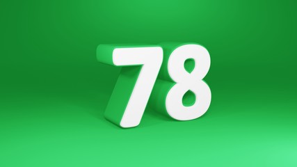 Number 78 in white on green background, isolated number 3d render