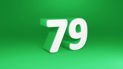 Number 79 in white on green background, isolated number 3d render