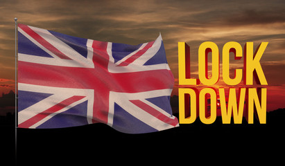 Obraz premium Coronavirus COVID-19 lockdown concept with waving national flag of United Kingdom. Pandemic 3D illustration.