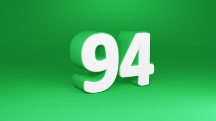 Number 94 in white on green background, isolated number 3d render