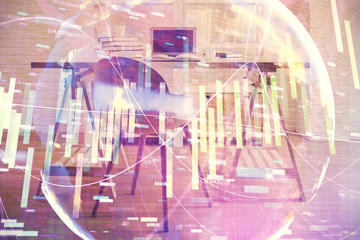 Double exposure of business theme drawing and office interior background. Concept of success