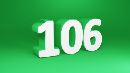Number 106 in white on green background, isolated number 3d render
