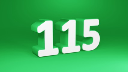 Number 115 in white on green background, isolated number 3d render