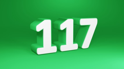Number 117 in white on green background, isolated number 3d render