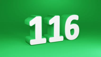 Number 116 in white on green background, isolated number 3d render