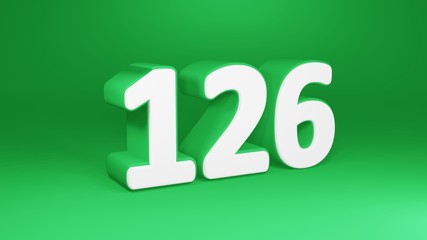 Number 126 in white on green background, isolated number 3d render