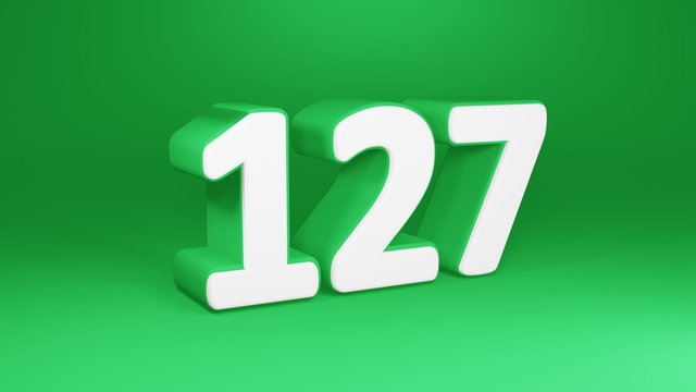 Number 127 in white on green background, isolated number 3d render