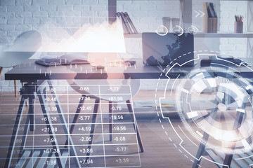 Multi exposure of stock market chart drawing and office interior background. Concept of financial analysis.