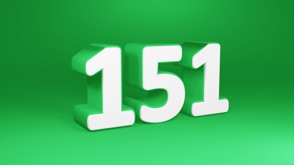 Number 151 in white on green background, isolated number 3d render