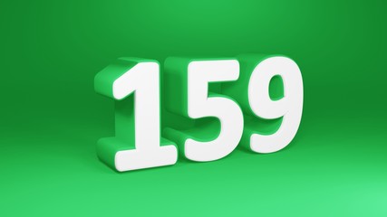 Number 159 in white on green background, isolated number 3d render