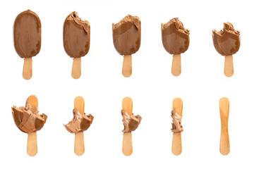 Ice cream on a stick at different stages of a meal. Isolated on white