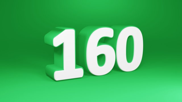 Number 160 in white on green background, isolated number 3d render