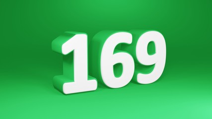 Number 169 in white on green background, isolated number 3d render