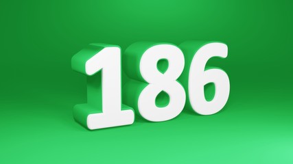 Number 186 in white on green background, isolated number 3d render