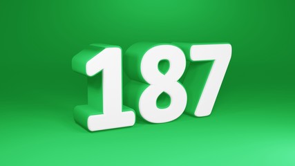 Number 187 in white on green background, isolated number 3d render