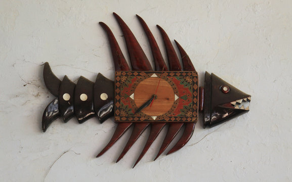 Weird Wooden Fish Clock On Wall