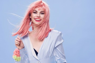 Cheerful glamorous woman charm smile pink hair enjoyment sweets