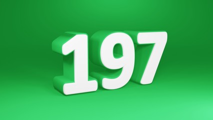 Number 197 in white on green background, isolated number 3d render