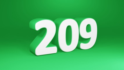 Number 209 in white on green background, isolated number 3d render