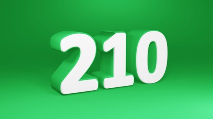Number 210 in white on green background, isolated number 3d render