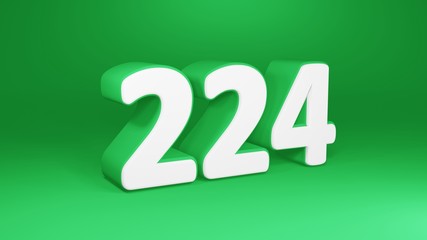 Number 224 in white on green background, isolated number 3d render