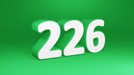 Number 226 in white on green background, isolated number 3d render
