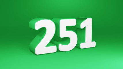 Number 251 in white on green background, isolated number 3d render