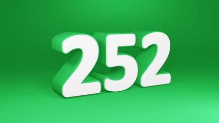Number 252 in white on green background, isolated number 3d render