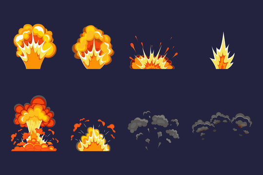 Bomb explosion and fire explosion cartoon set.