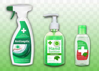 Set of packages of antiseptic for hands and surfaces on transparent background. Spray dispenser and bottles. Sanitizer ads in containers with leaves elements. Vector