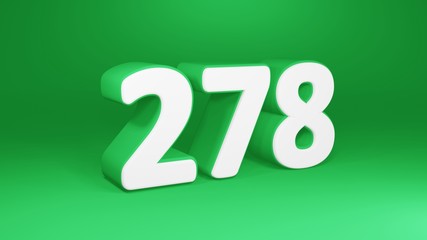Number 278 in white on green background, isolated number 3d render