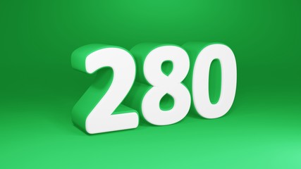 Number 280 in white on green background, isolated number 3d render