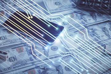Double exposure of data theme drawing over us dollars bill background. Technology concept.