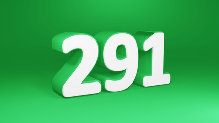 Number 291 in white on green background, isolated number 3d render