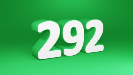 Number 292 in white on green background, isolated number 3d render