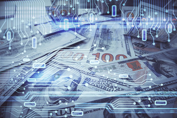 Double exposure of data theme drawing over us dollars bill background. Technology concept.
