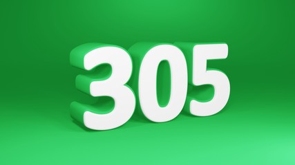 Number 305 in white on green background, isolated number 3d render