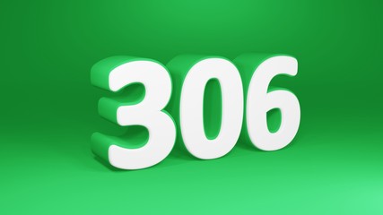 Number 306 in white on green background, isolated number 3d render