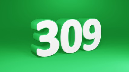 Number 309 in white on green background, isolated number 3d render