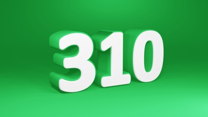 Number 310 in white on green background, isolated number 3d render