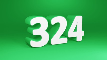 Number 324 in white on green background, isolated number 3d render